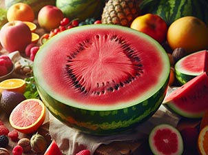 sandía abierta por la mitad rodeada de otras frutas